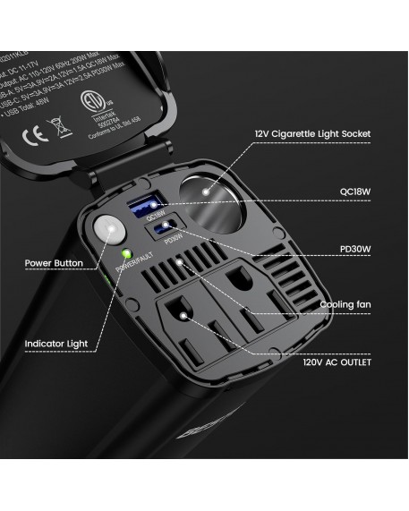 BESTEK 200W Power Inverter 12V DC to 110V AC with PD30W USB-C QC18W